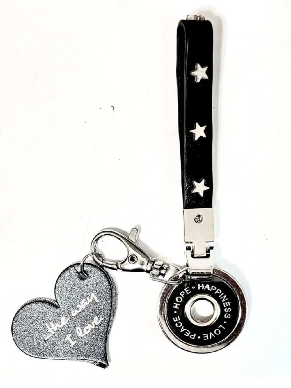 NEW - Black Star Accent Leather Keychain w Inspirational Words: Love